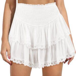 Women's Cute High Waist Ruffle Mini Skirt Layered Ruffle Hem Flared Flowy Casual